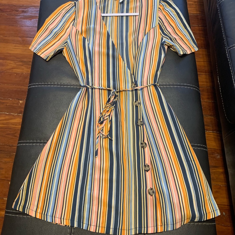 Multi-color striped button down wrap dress
